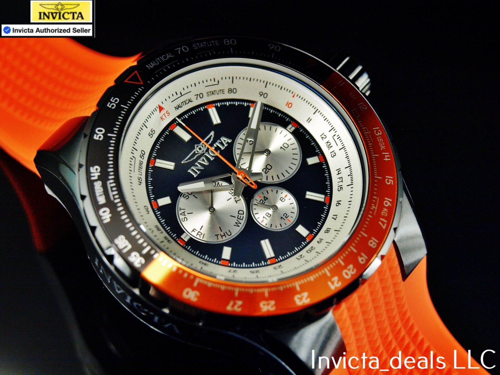 Invicta Men’s 50mm AVIATOR NAUTICAL Series Quartz BLACK DIAL Orange Tone SS Watc