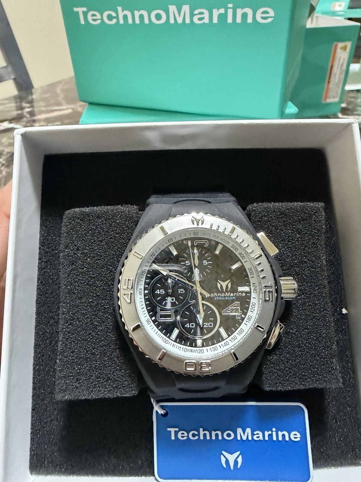 TechnoMarine Chronograph Quartz Date Black Dial Rubber Strap 46mm 200m Box