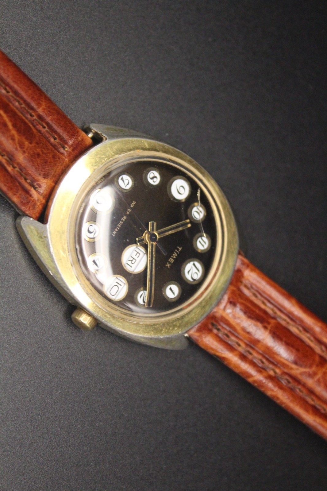 Vintage Timex Manual Wind Day-Date “Telephone Dial” Brown Dial Watch