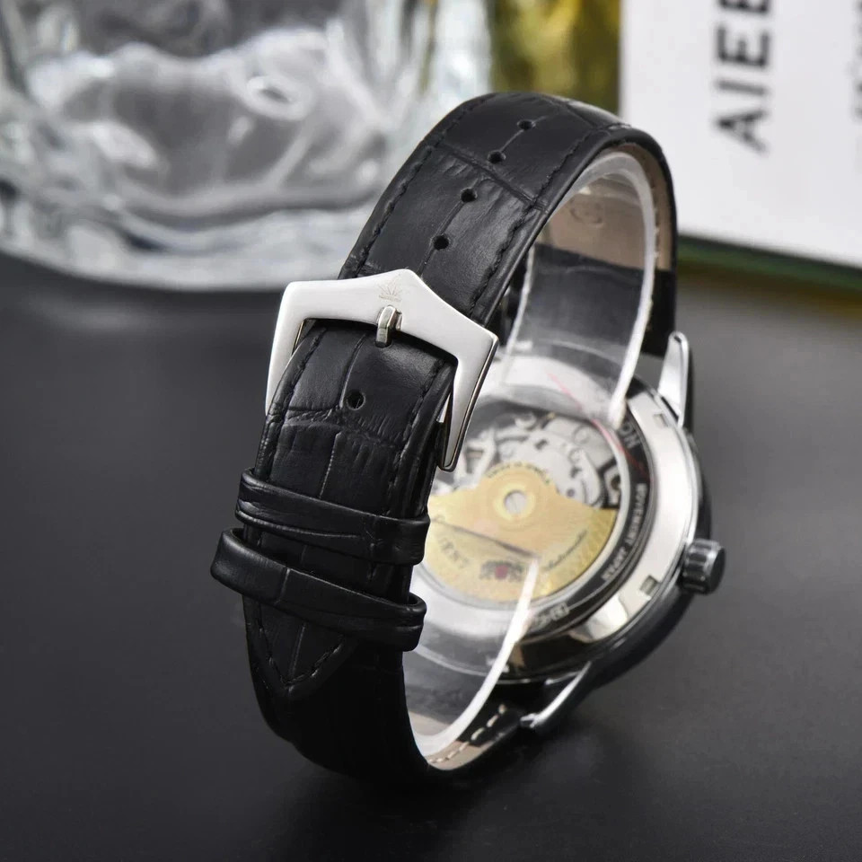 Orient Sun & Moon Semi Skeleton Automatic Watch Men’s Leather Strap Luxury Gift