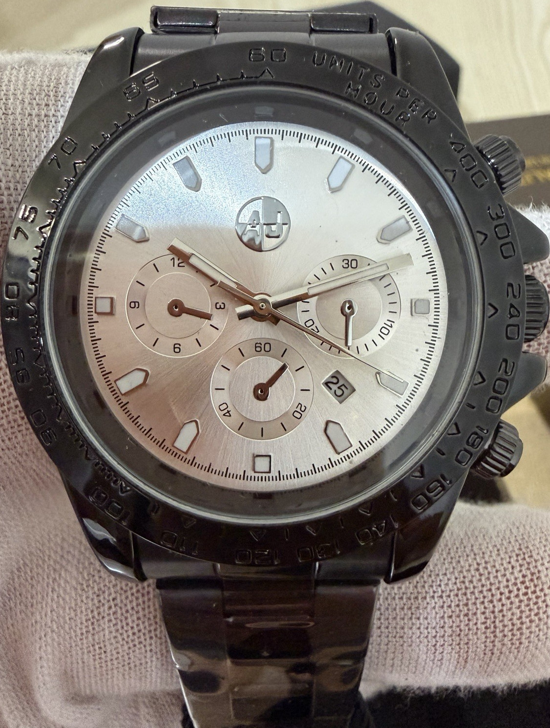 AJ Men’s 40-43.9mm Quartz Chronograph Date Silver Dial Black Metal Watch w/ Box