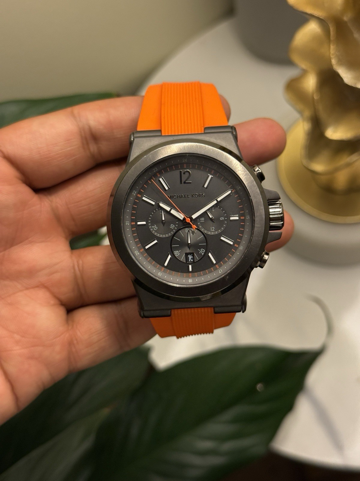 Michael Kors Gray Dial Chronograph Watch with Orange Strap Mens