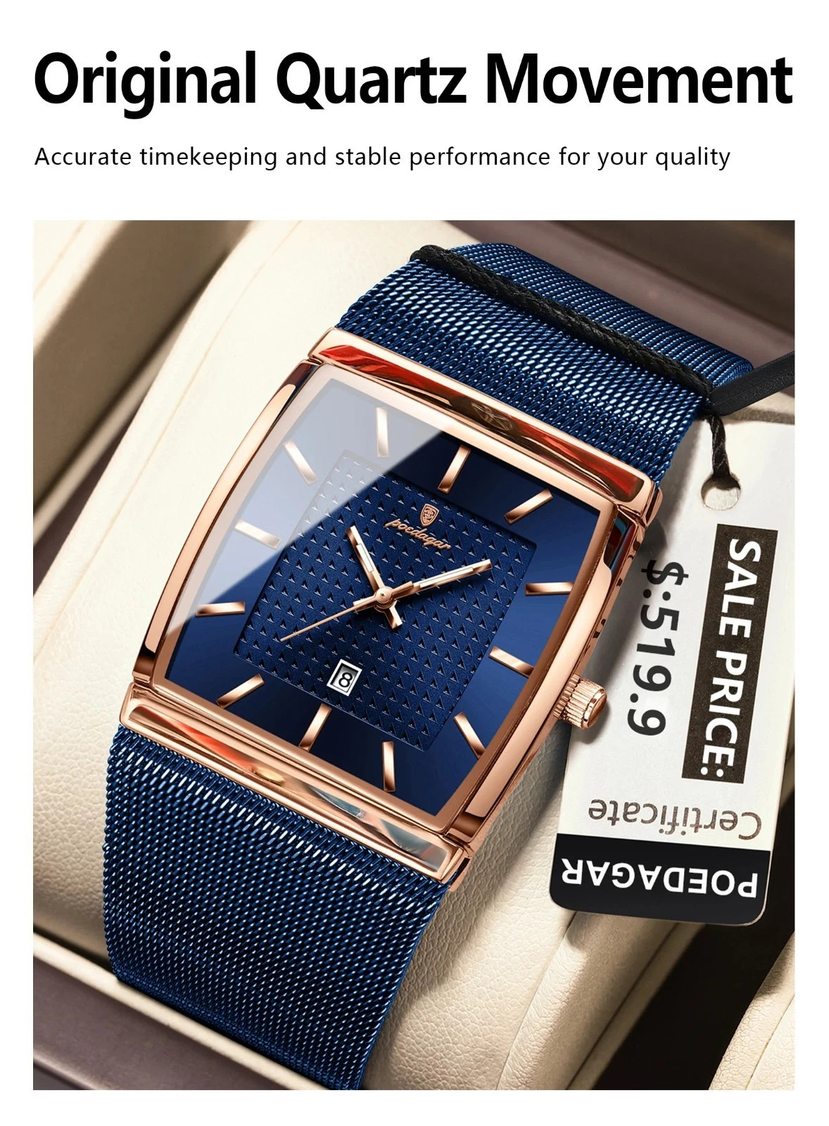 Luxury Men’s Watch Rectangle Steel Mesh Waterproof Luminous Date Quartz