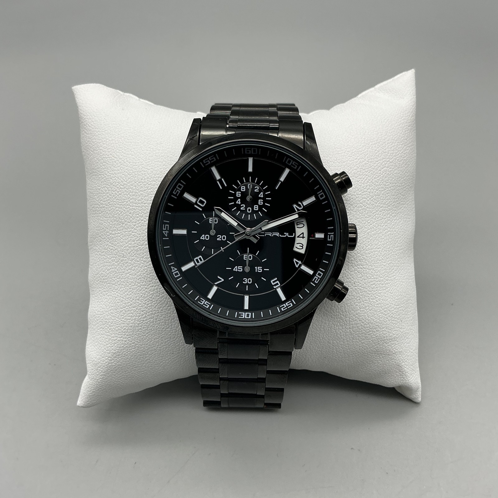 CRRJU Mens Watch 42mm Black Dial Black Stainless Chronograph Date 2214 8.25″