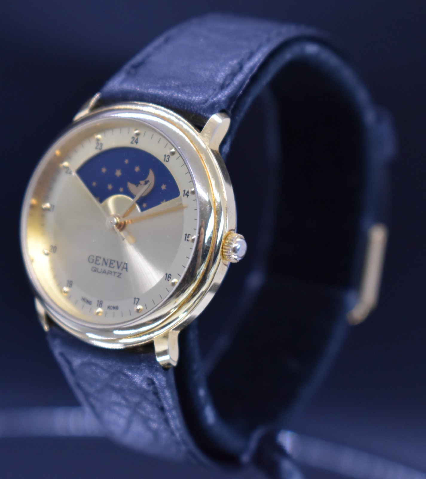 Vtg GENEVA Moon Phase Watch Gold Tone Dress Elegant NEW BATTERY & BAND