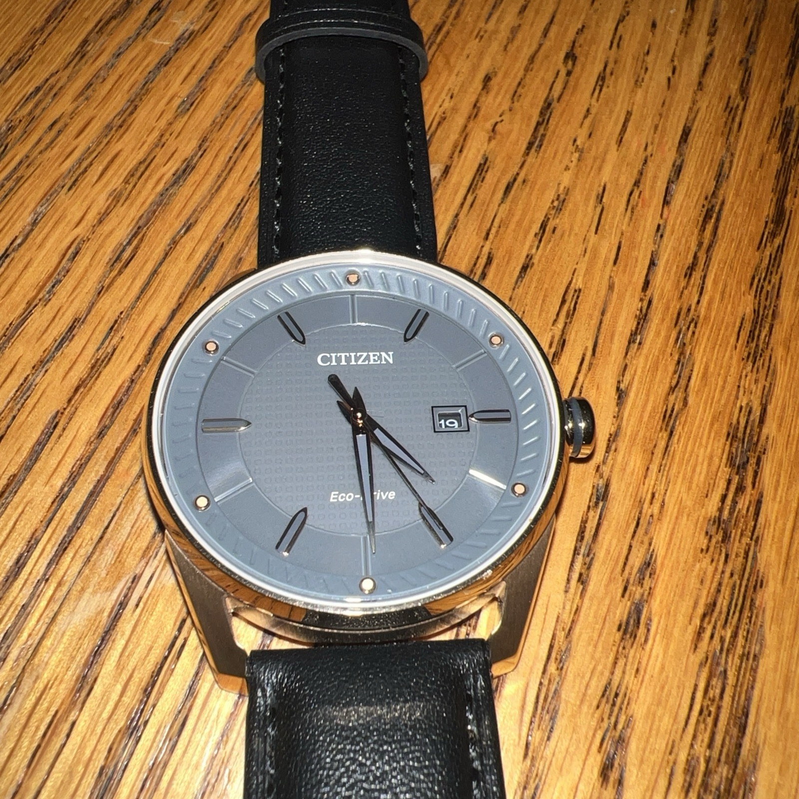 Citizen Eco-Drive Quartz Gray Textured Dial Gold Case Black Leather Date Watch