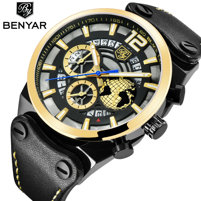 Luxury BENYAR 5141M Men Quartz Watch Chronograph Date Waterproof Rubber Leather