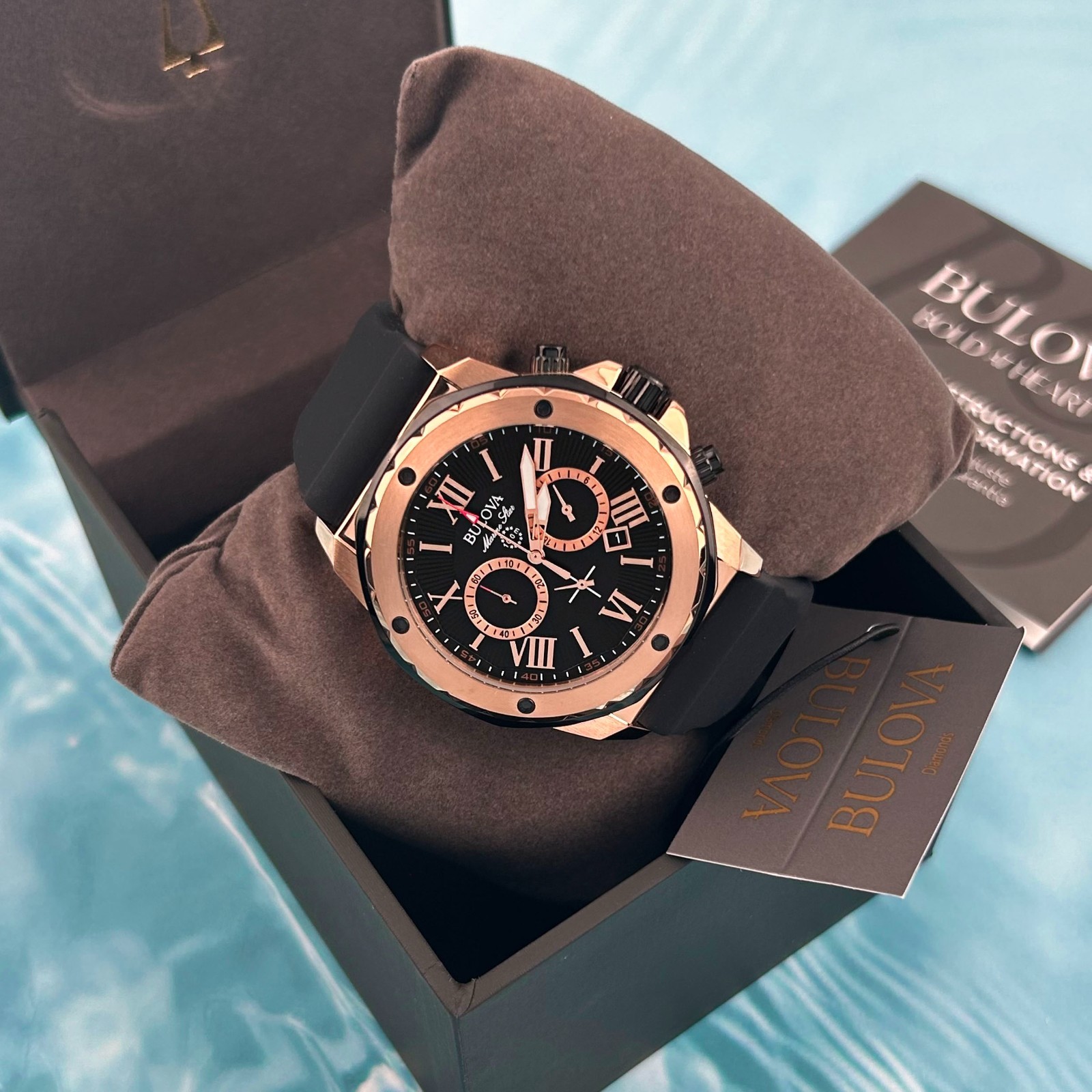 Bulova 98B104 Men’s Marine Star Black Dial Black Rubber Strap Quartz Watch