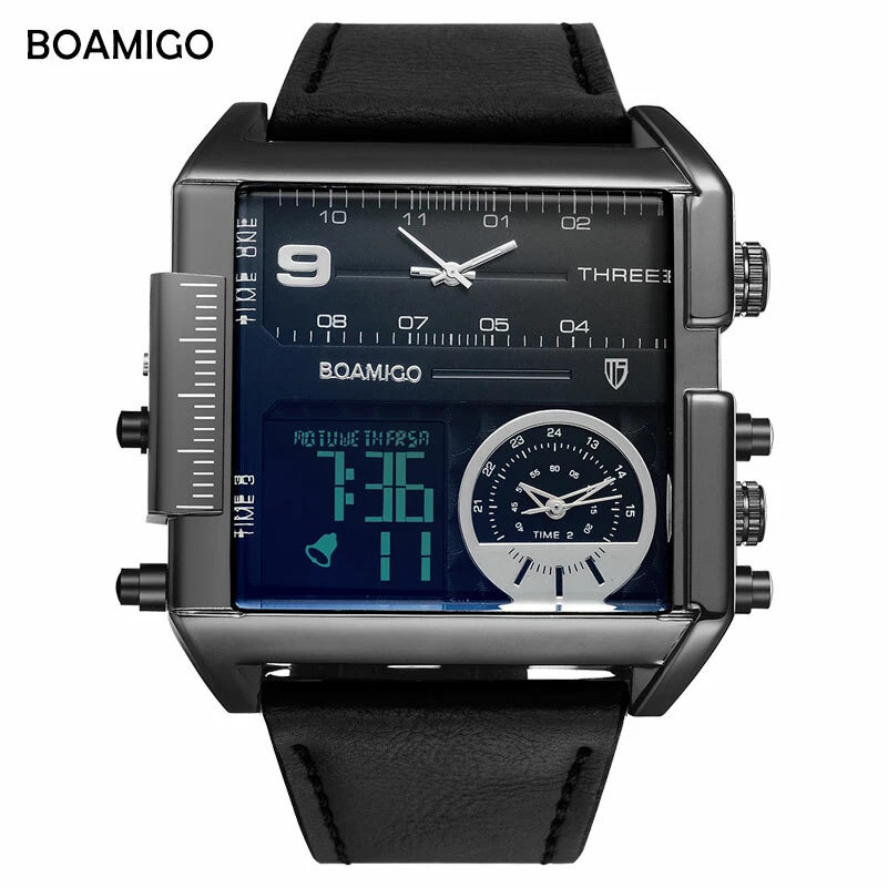 BOAMIGO Big Square Dial 3 TimeZone Stylish Watch For Men