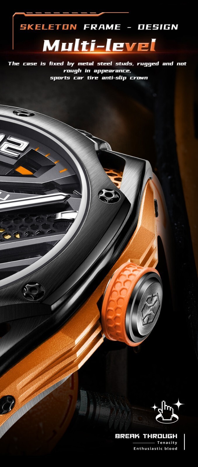 GELATU Men’s Skeleton Sport Automatic Mechanical Watch 5ATM Luminous Wristwatch