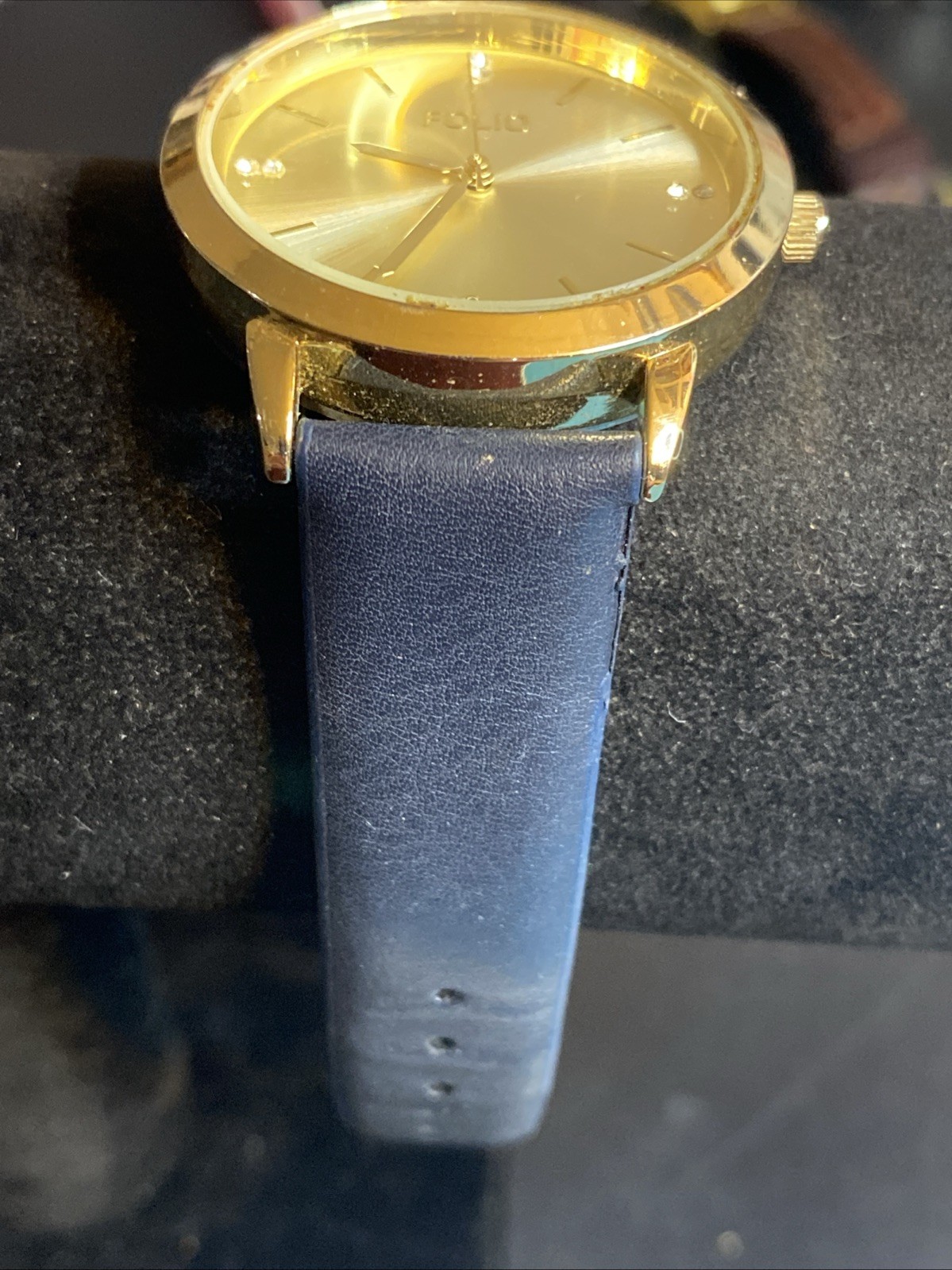 Folio Gold Tone Faux Leather Band Gemmed Men’s Watch New Battery