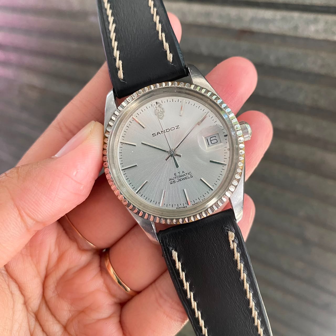 RARE Sandoz Silver Dial Automatic ETA Baton Index Date Vintage Watch Men Dress