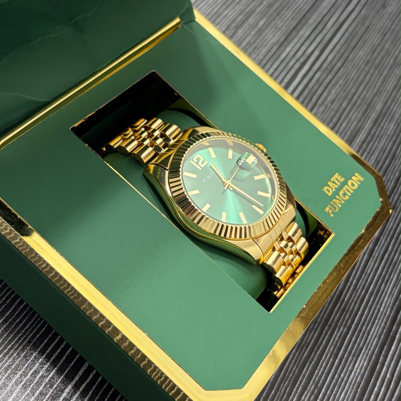 Tahari Gold-Tone Green Dial Quartz Date Bracelet Watch w/ Original Box