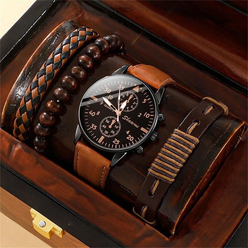 New Men Watch Luxury Bracelet Set Fashion Business Brown Leather Quartz Wrist Wa