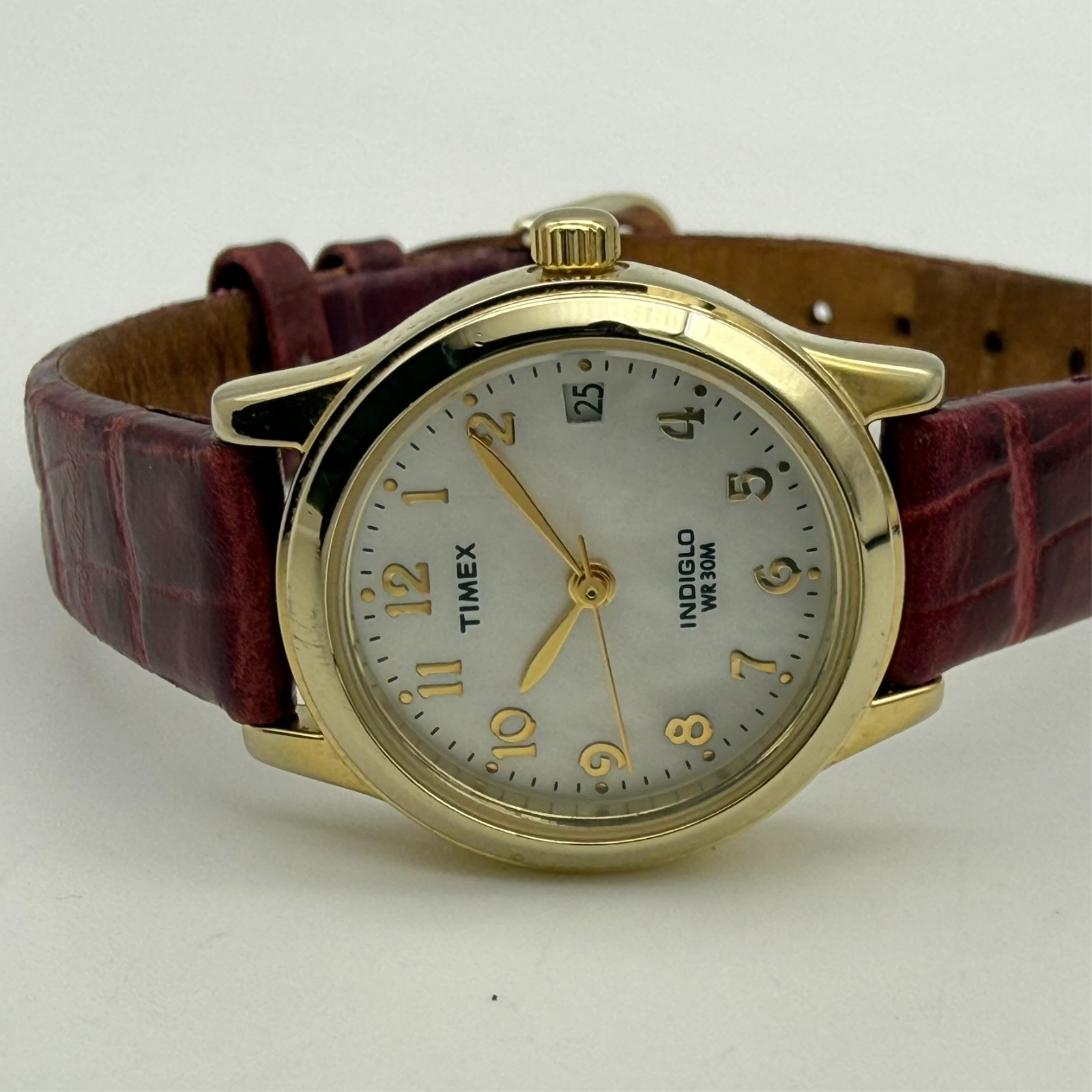 Women’s TIMEX MOP Dial, Gold Tone 25mm Watch, Burgundy Leather Band Runs, T21693