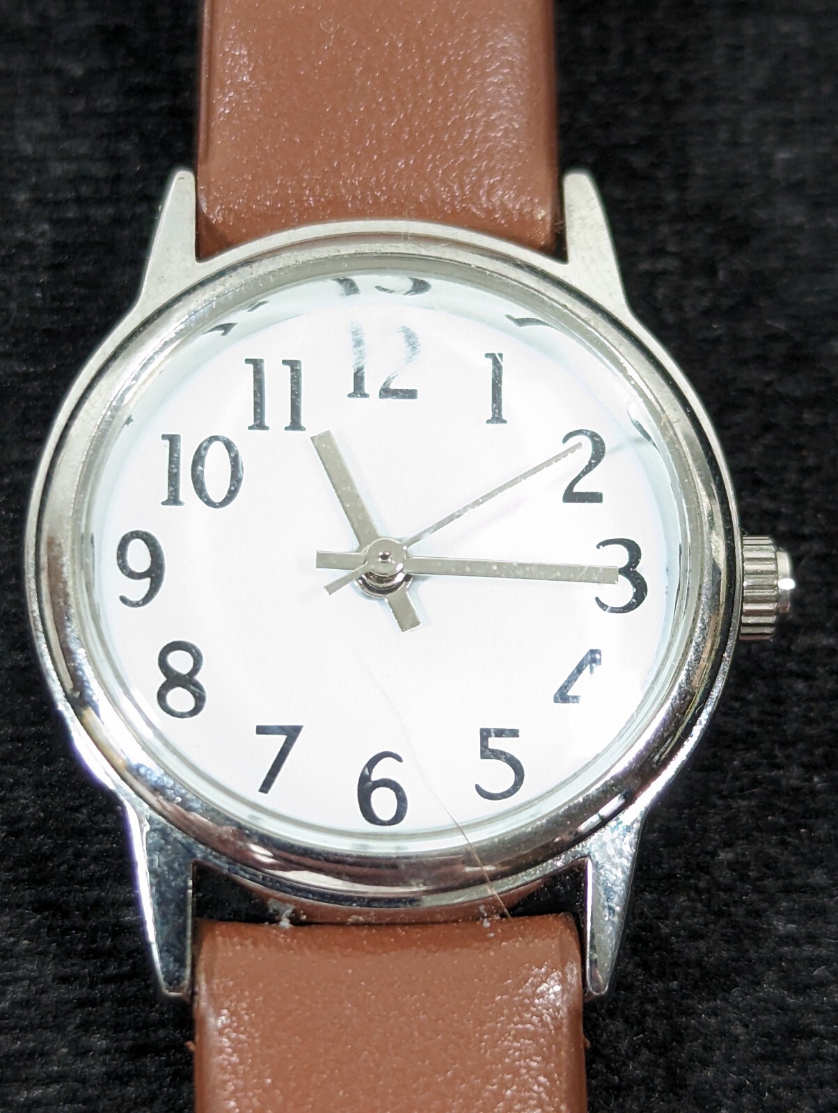Womans White Dial Round Silver Tone Round Case Brown Faux Leather Band Watch