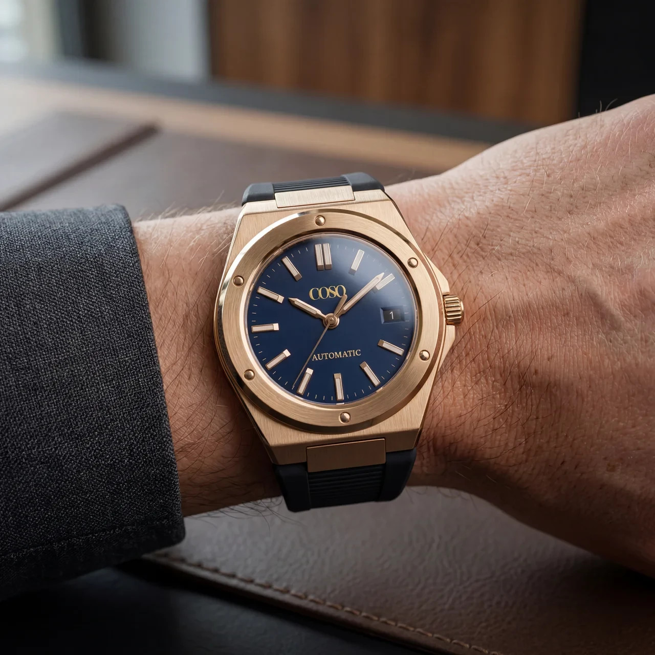 COSO Valtor Automatic Blue Dial Rose Gold Black Rubber Strap