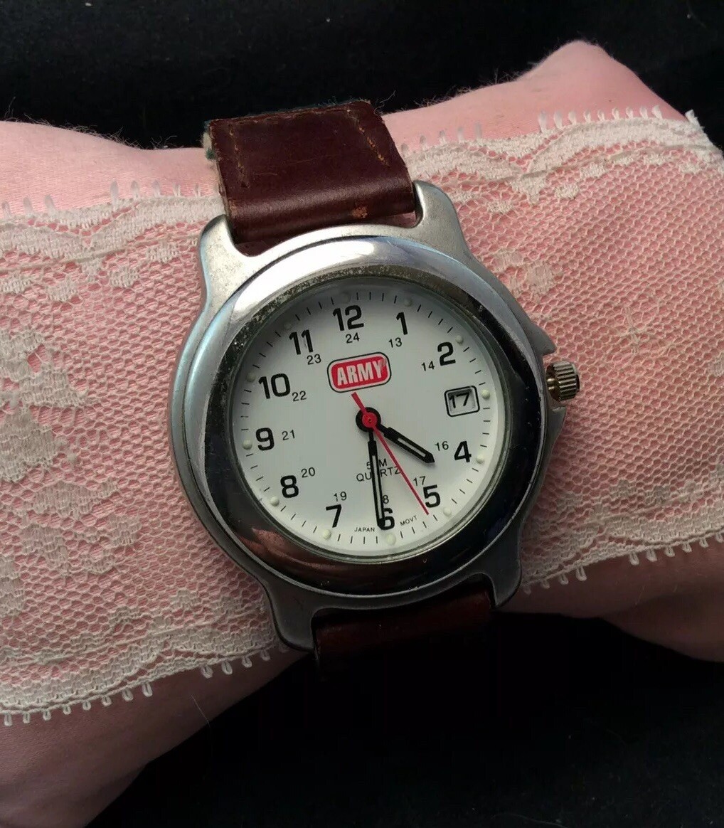 Very Nice Working ARMY Quartz Watch With Military Time Leather & Canvas Band