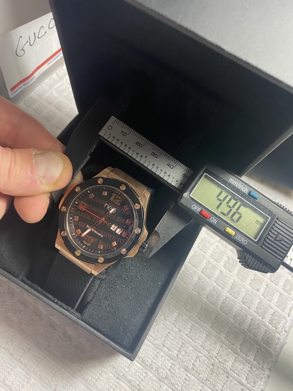 NEO Swiss mens Date Watch New Battery Krysterna Crystal Brass Black New In Box