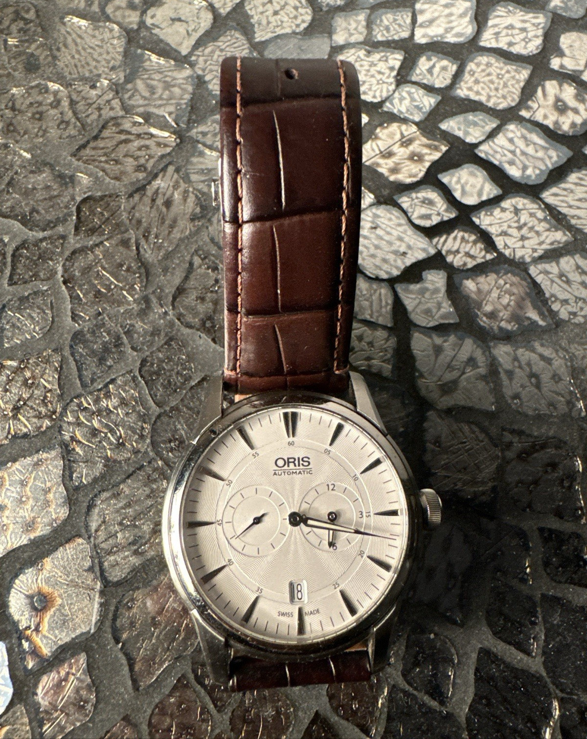 Oris Artelier Automatic 40mm Silver Guilloche Dial Date Brown Leather Strap
