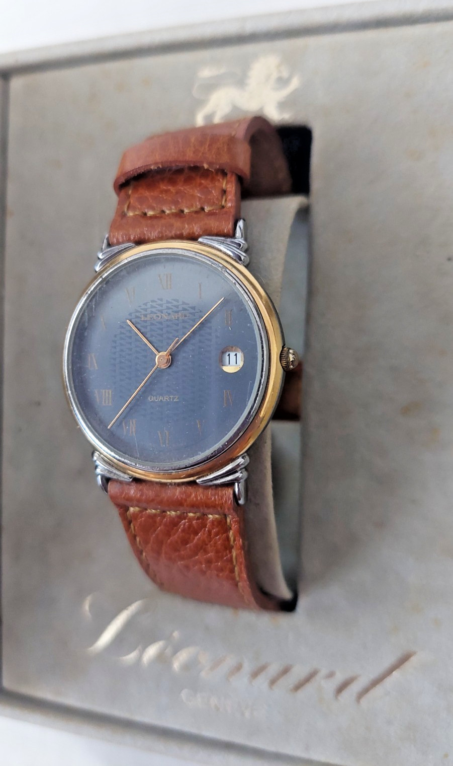 Leonard Geneve Two-tone Gold Plated Bezel, Tapisserie Pattern Dial Watch w/case