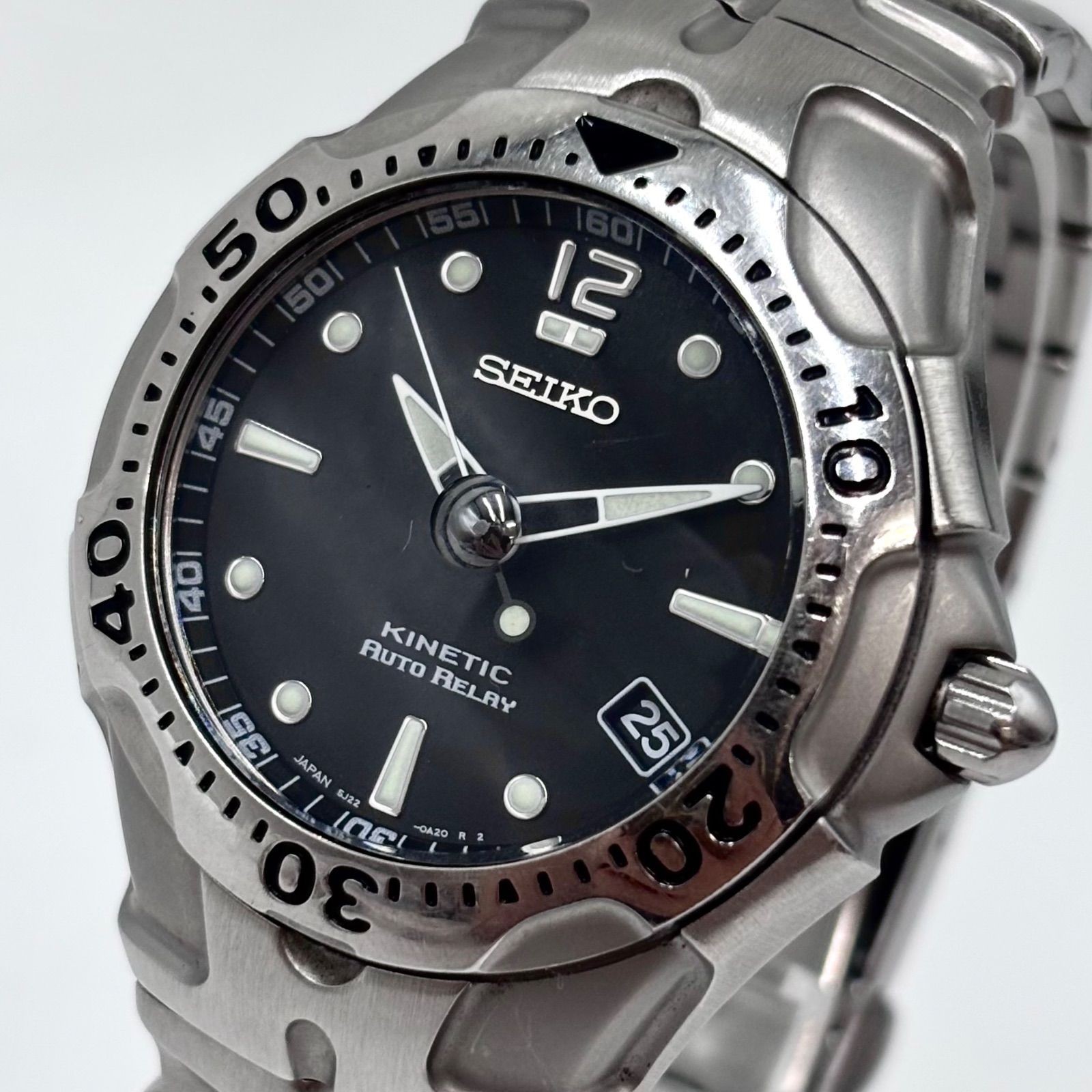SEIKO Kinetic Scuba Diver Watch Date 1999th Silver Black Used Japan