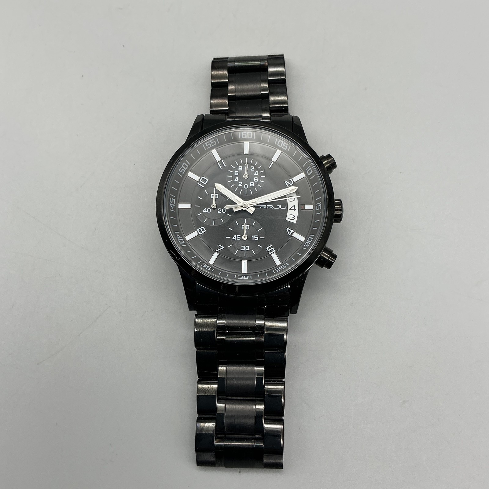 CRRJU Mens Watch 42mm Black Dial Black Stainless Chronograph Date 2214 8.25″