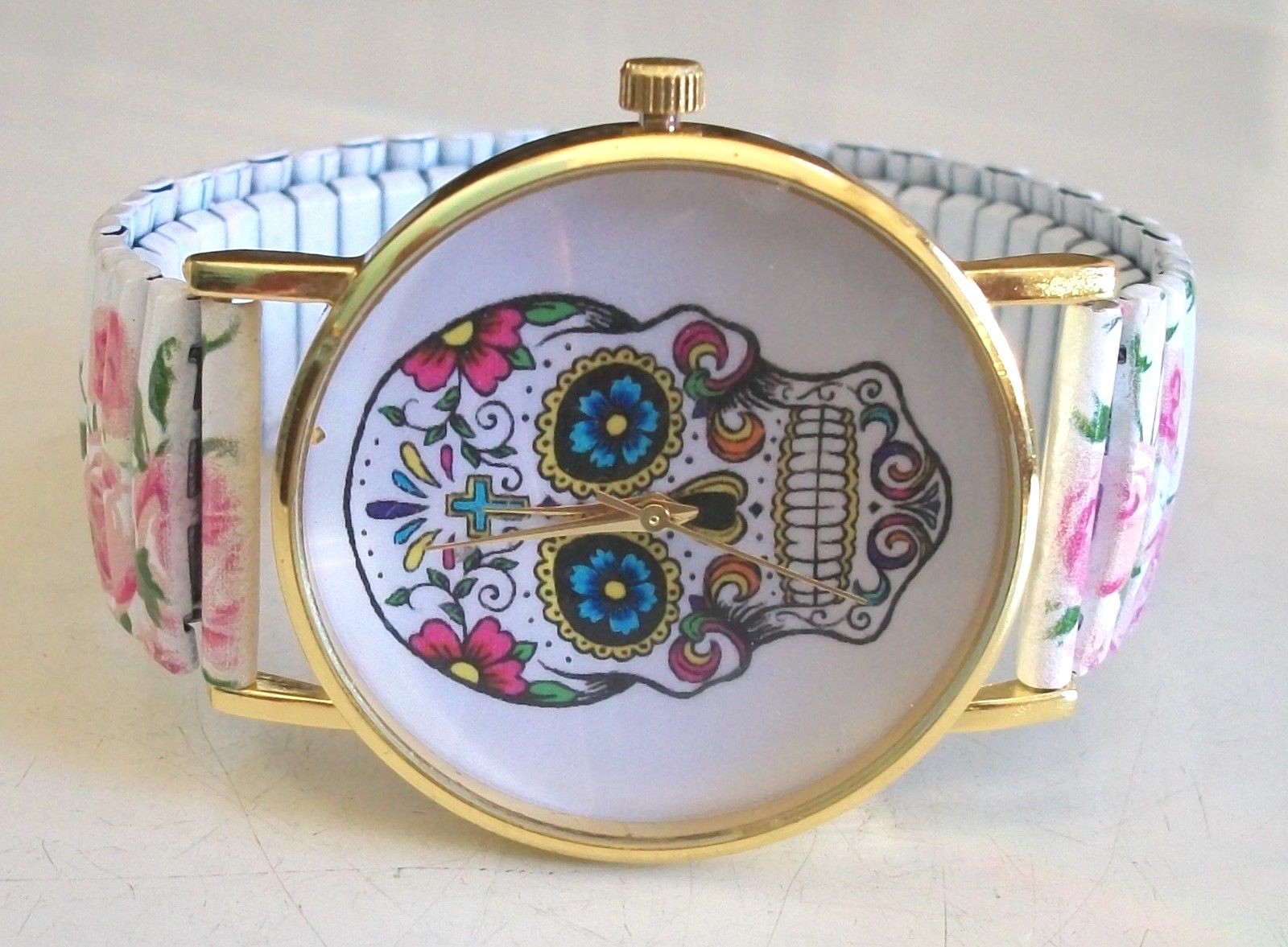 Multicolor SKULL Flower White Stretch Band Gold Finish Fashion Casual Watch