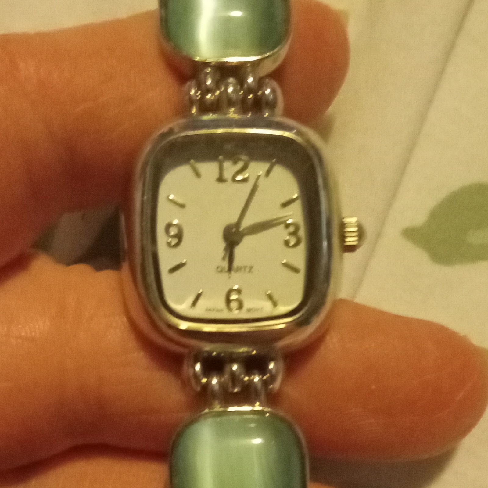 Vintage Dress Square Analog Quartz Watch White Dial Arabic Silver/Green Bracelet