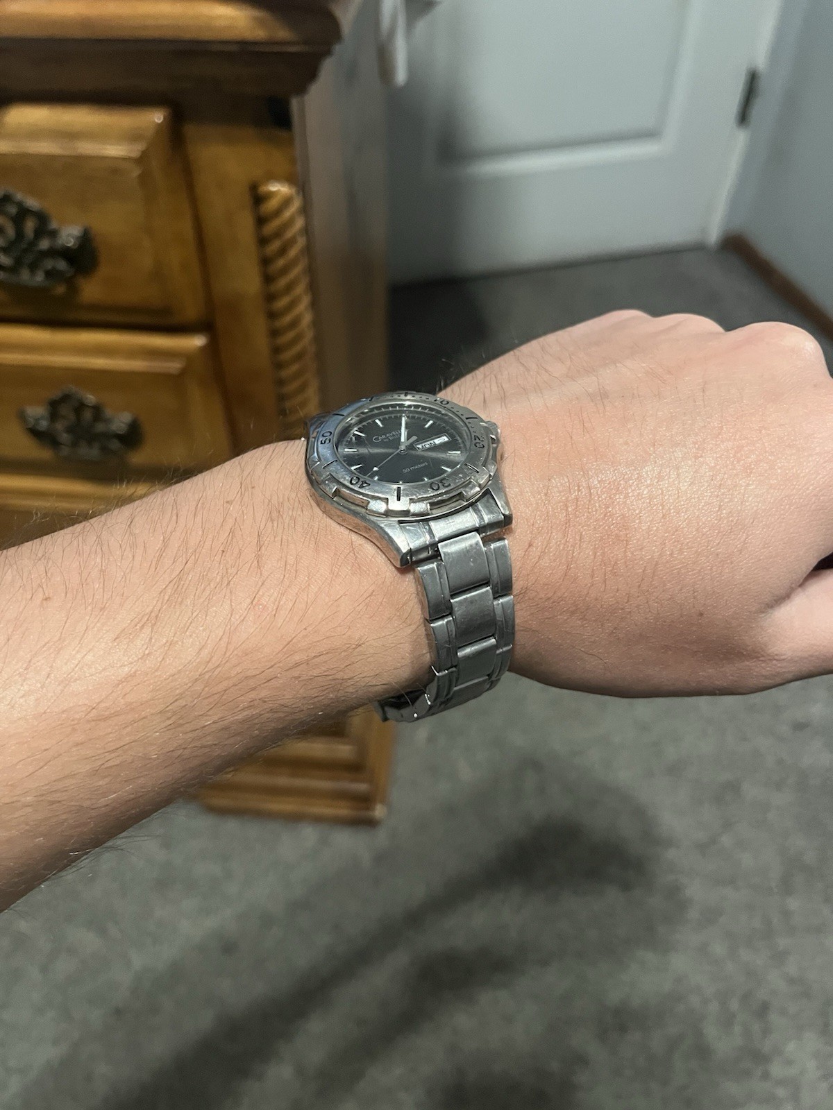 Caravelle Quartz Men’s Stainless Steel Silver Bracelet Watch Day/Date 50m