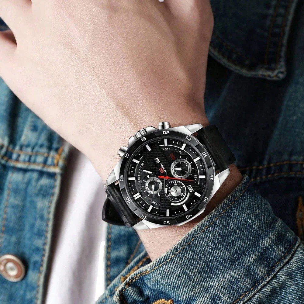 Men’s Watch Luxury Brand Waterproof Analog Quartz Calender Black Leather Band