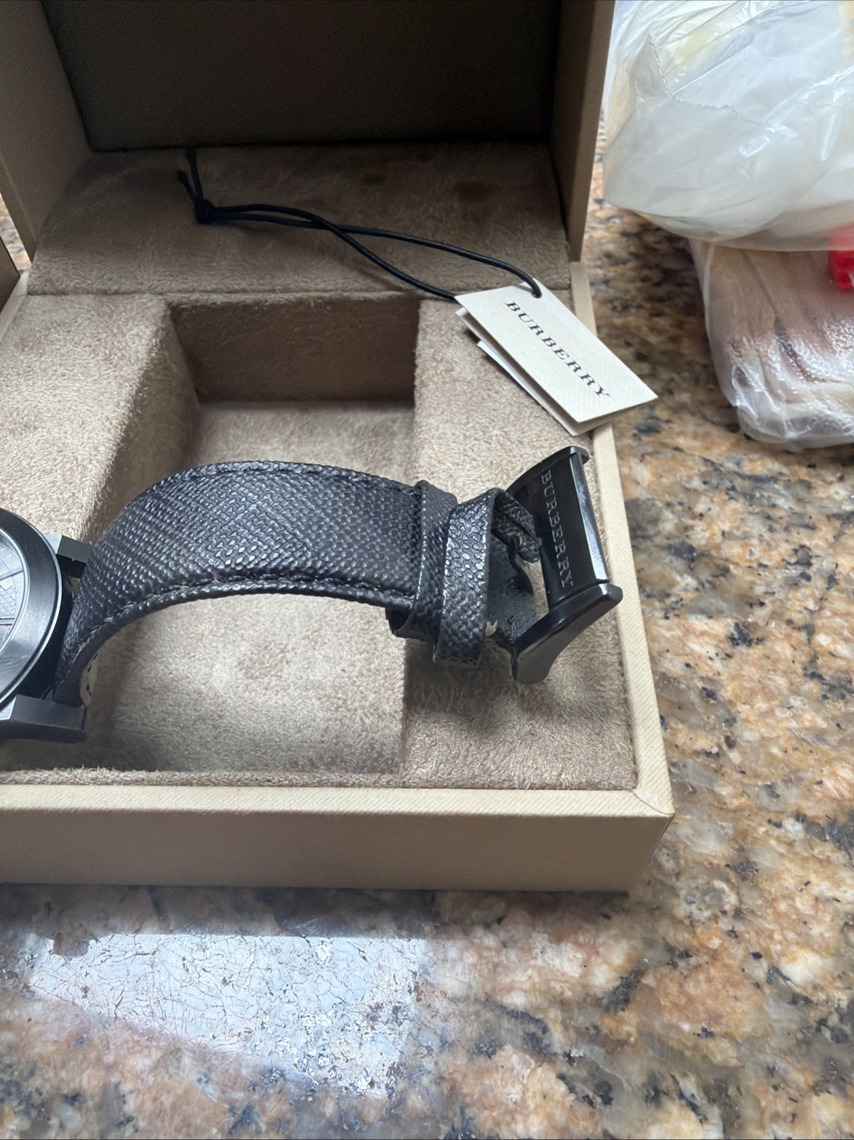 Burberry The City 42mm Black Stainless Steel Case and Black Leather Band, Men’s
