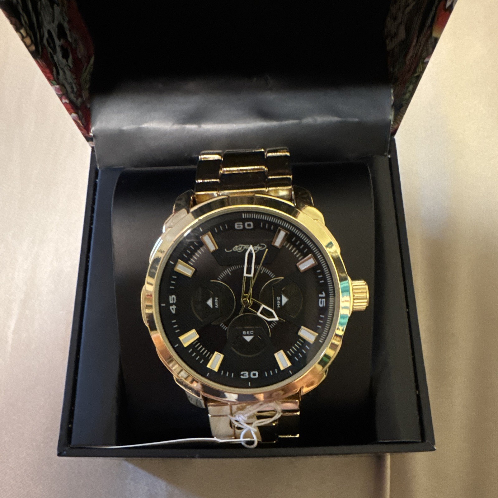 Ed Hardy Quartz Black Dial Gold-Tone Bracelet Watch Fixed Bezel w/ Box
