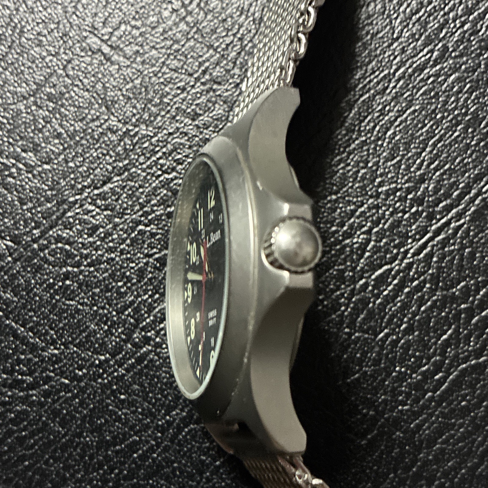 L.L.Bean Swiss Quartz 300 ft Black Dial Date Wristwatch w/ Silver Mesh Band