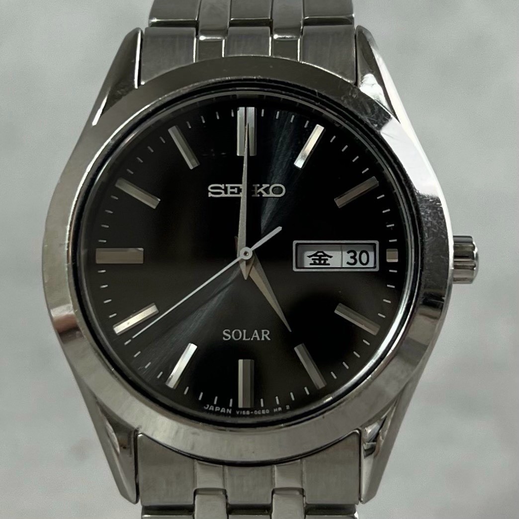 SEIKO Solar V158-0AZ0 Day-Date Black Dial Mens Wristwatch Made in Japan