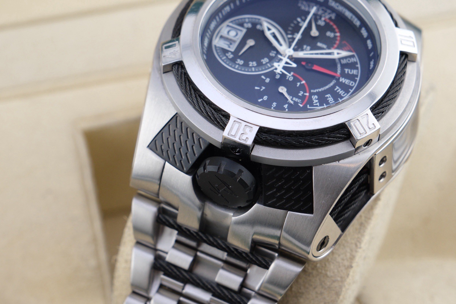 INVICTA 16955 Swiss Quartz Reserve 52mm SS Bolt Zeus Tria Watch Working 8.4”