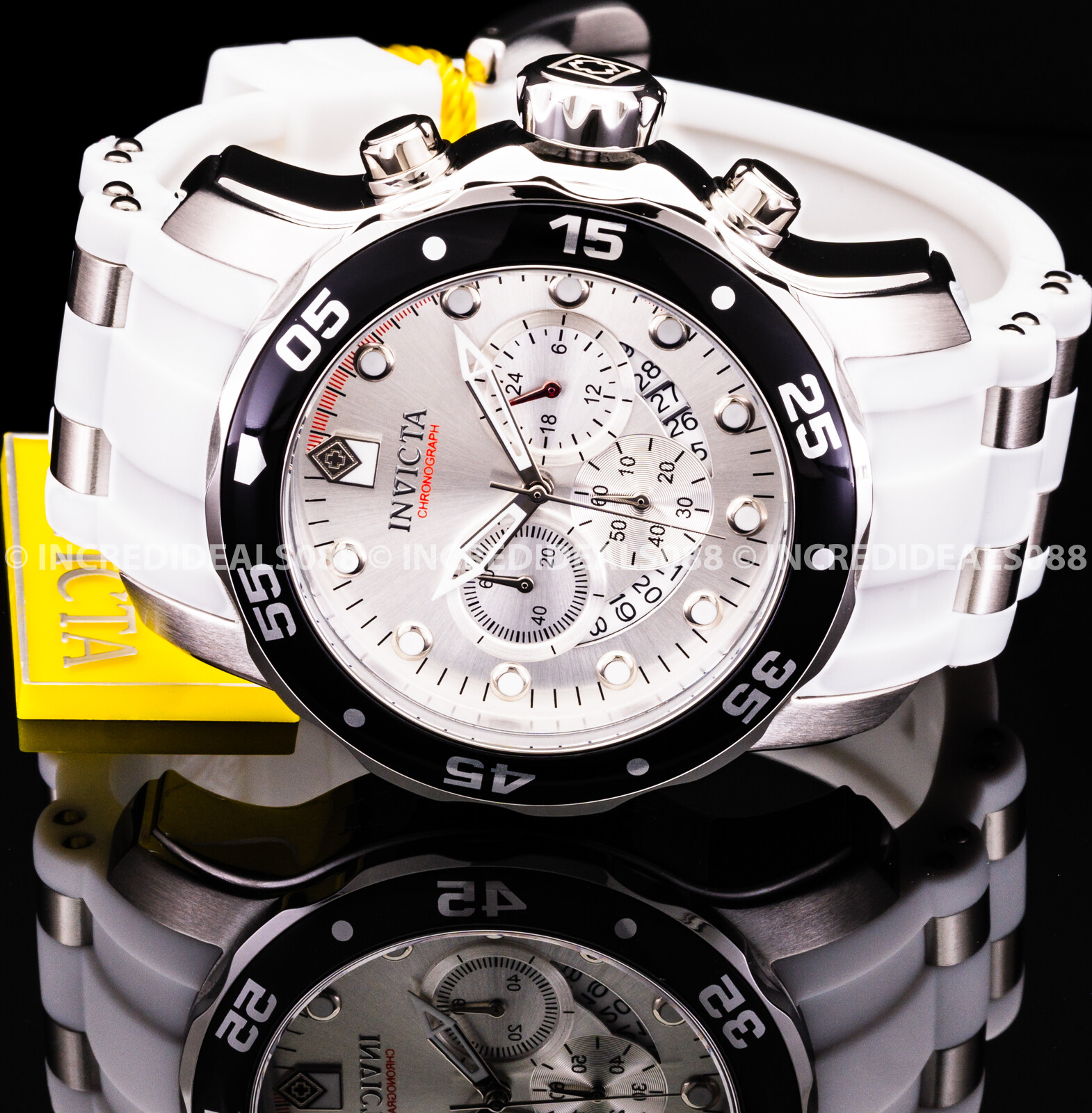 Invicta Mens PRO DIVER SCUBA Chronograph Black Silver Dial White Strap Watch