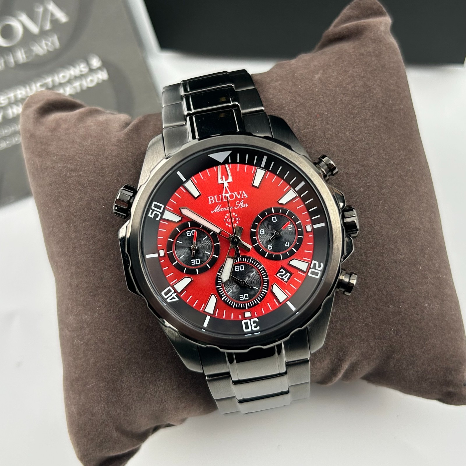 Bulova Marine Star 98B350 Red Dial Chronograph Men’s Quartz Watch 43MM New/Box