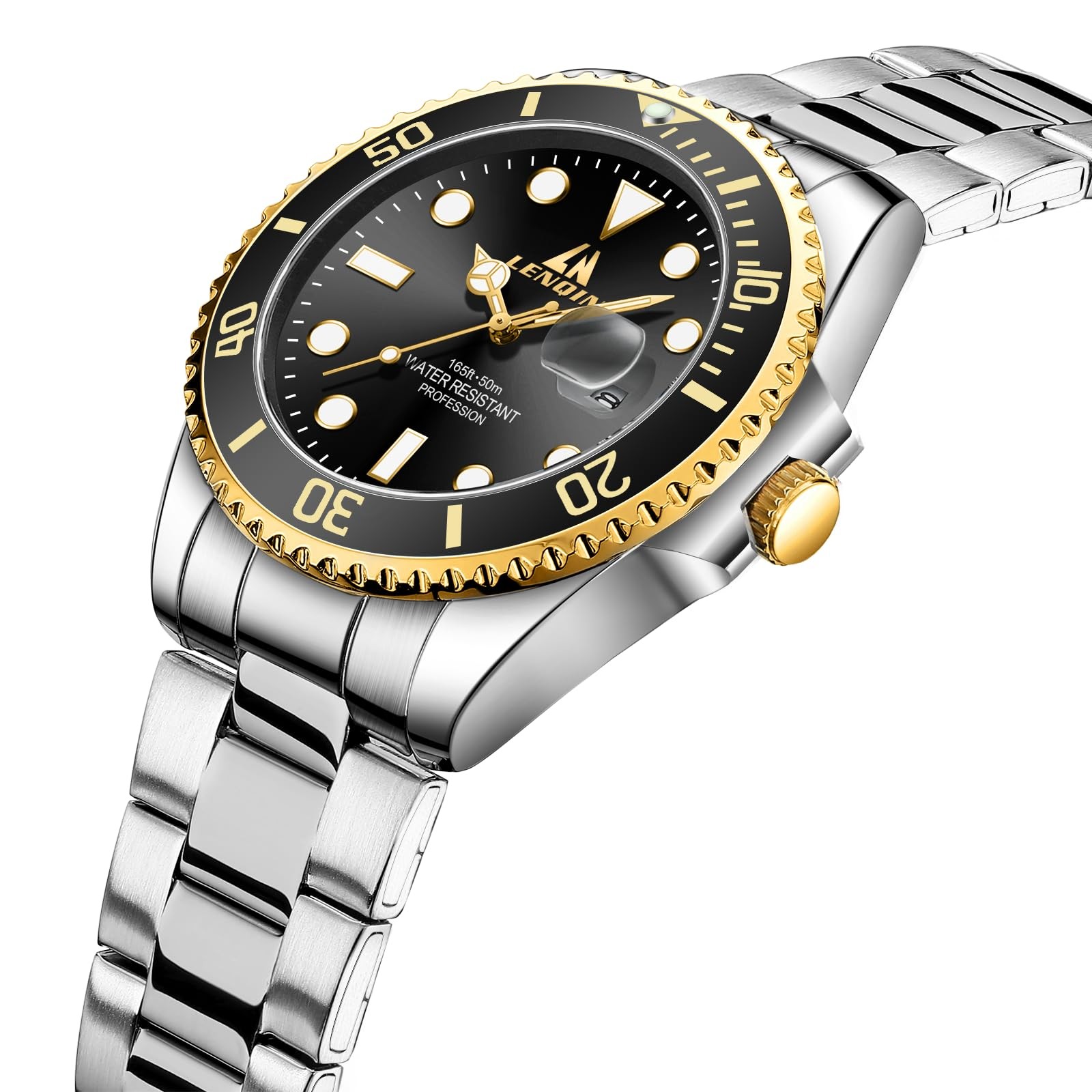 Men’s Watch 39mm Black Dial Analog Quartz Steel Wristwatch Date Rotating Bezel