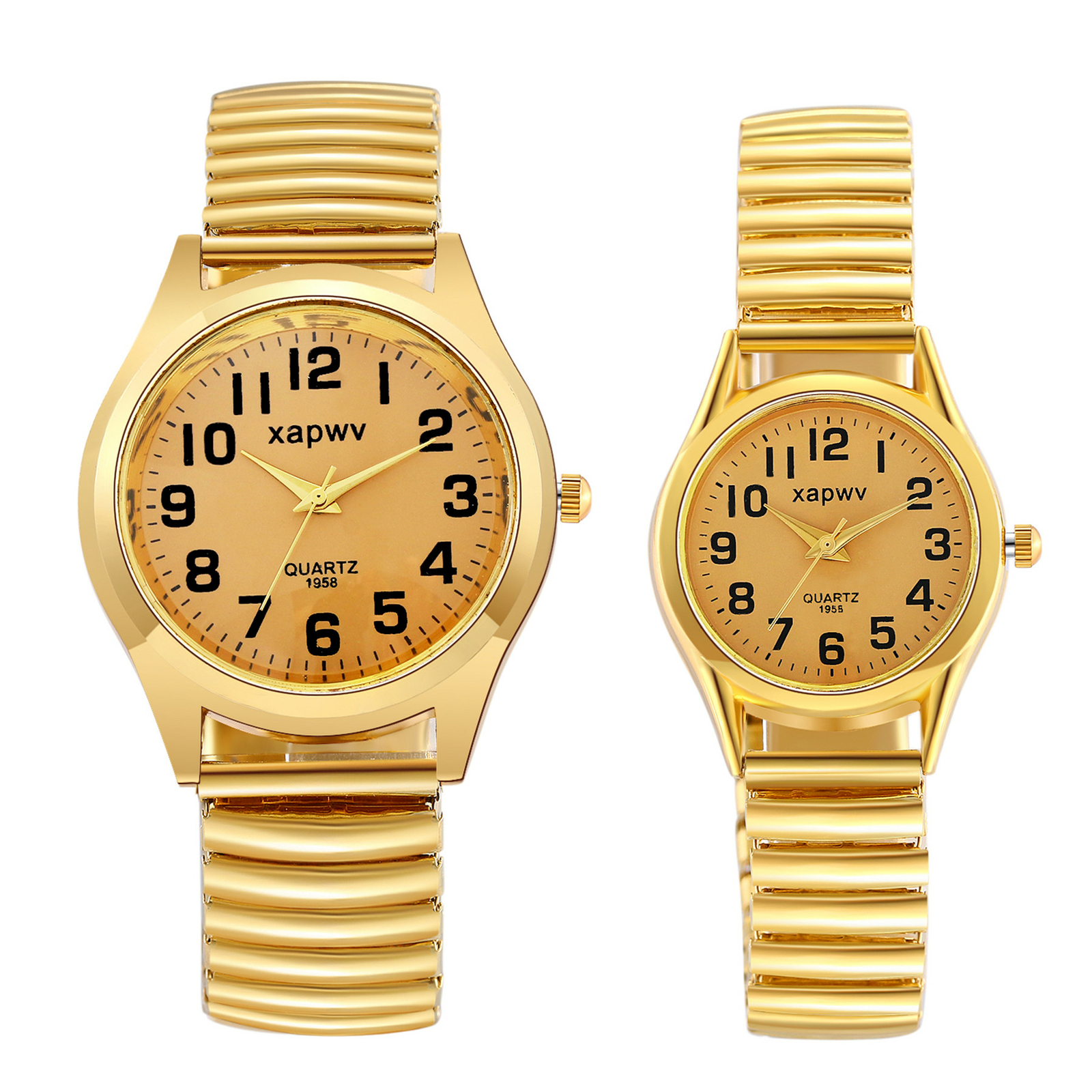 Couple Mens Womens Gold Tone Round Dial Elastic Band Analog Quartz Wrist Watch