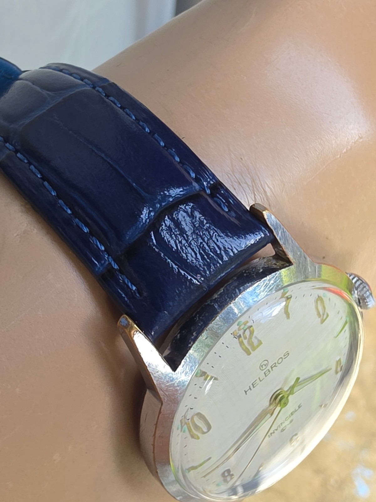Vintage HELBROS men’s manual wind watch Linen dial PUW 61 Germany 1950s