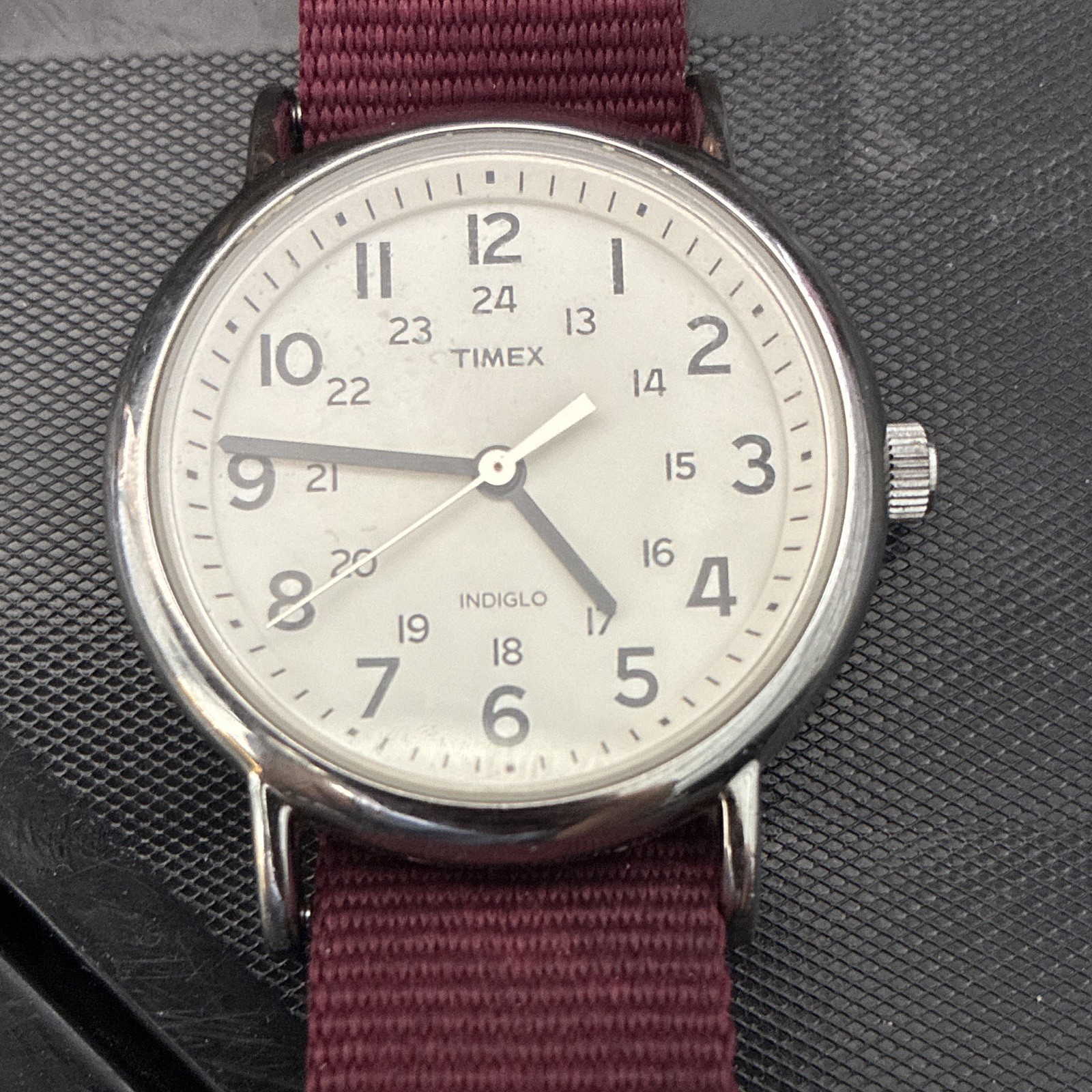 Timex Indiglo Quartz Analog Watch White Dial 12/24-Hour Red Nylon Strap