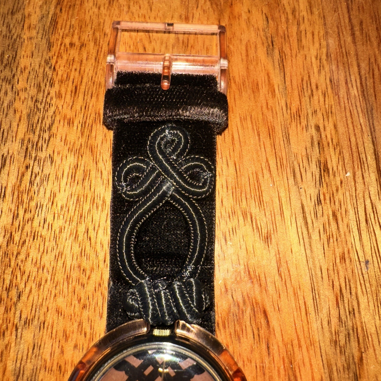 1995 Swatch Pop Smooth Velvet PMB102 Midi Rose Dial Black Velvet Strap Watch