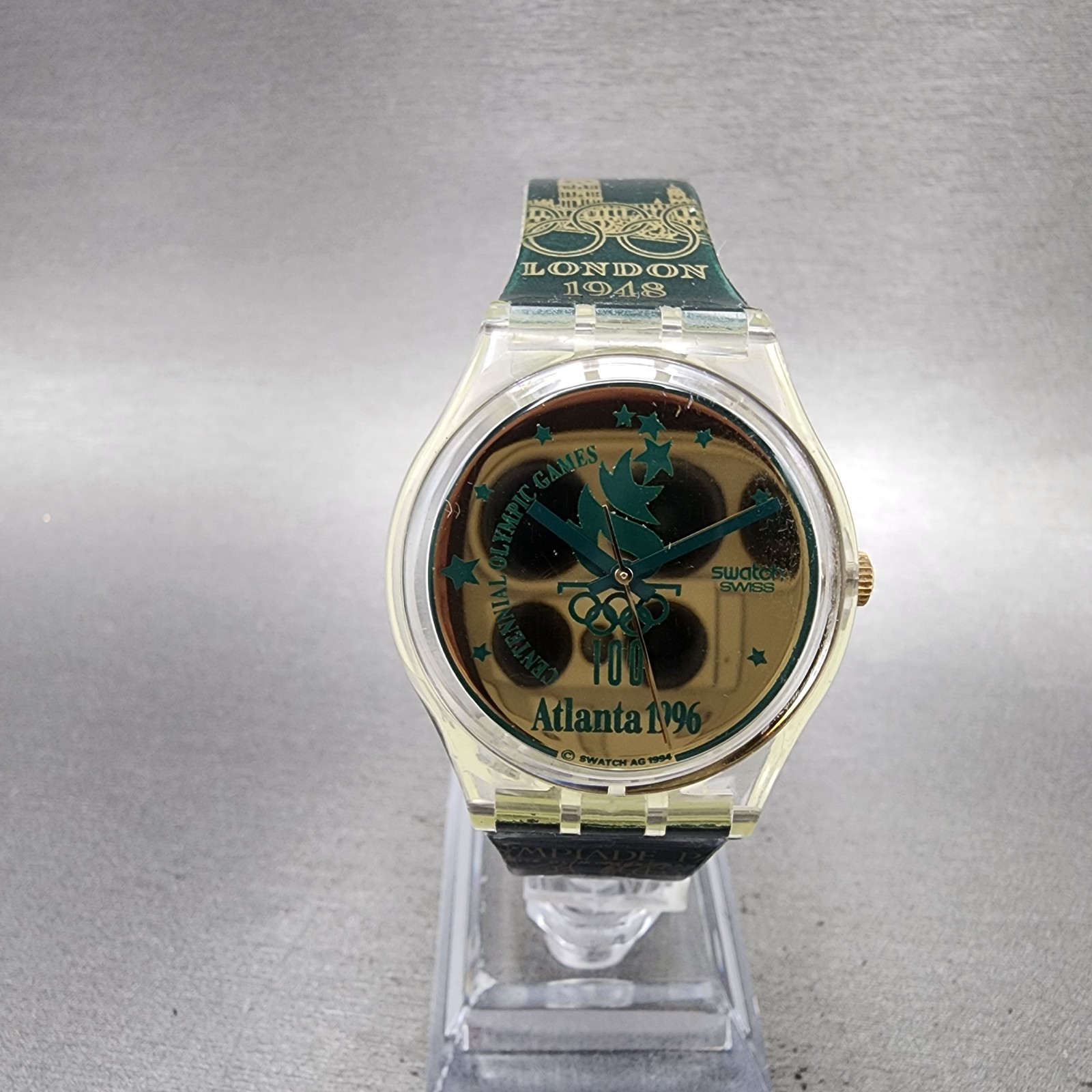 Swatch Olympics 1996 Watch Men 34mm Gold Dial Clear Round GZ136 New Battery