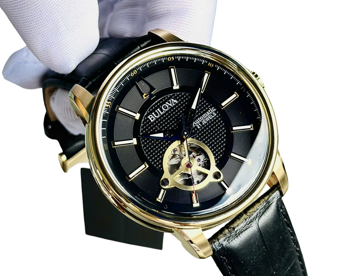 Bulova 97A166 Automatic Gold Tone Black Dial Leather Band Men’s Watch