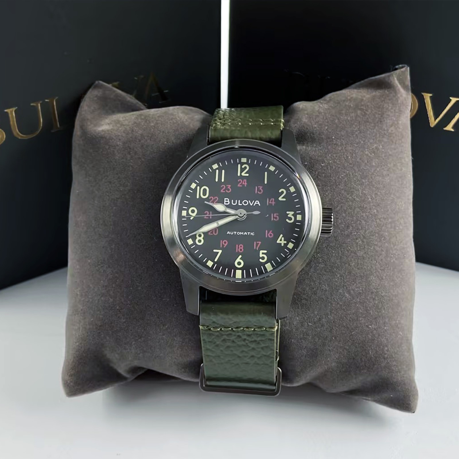 Bulova Special Edition 98A255 Black Dial Green Leather Men Automatic Watch 38MM