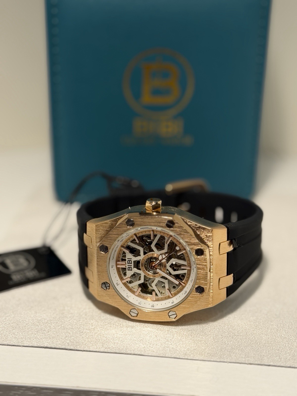 BIBI Skeleton Automatic Watch Rose Gold Black Silicone Strap 41.5mm! SLEEK! NEW!