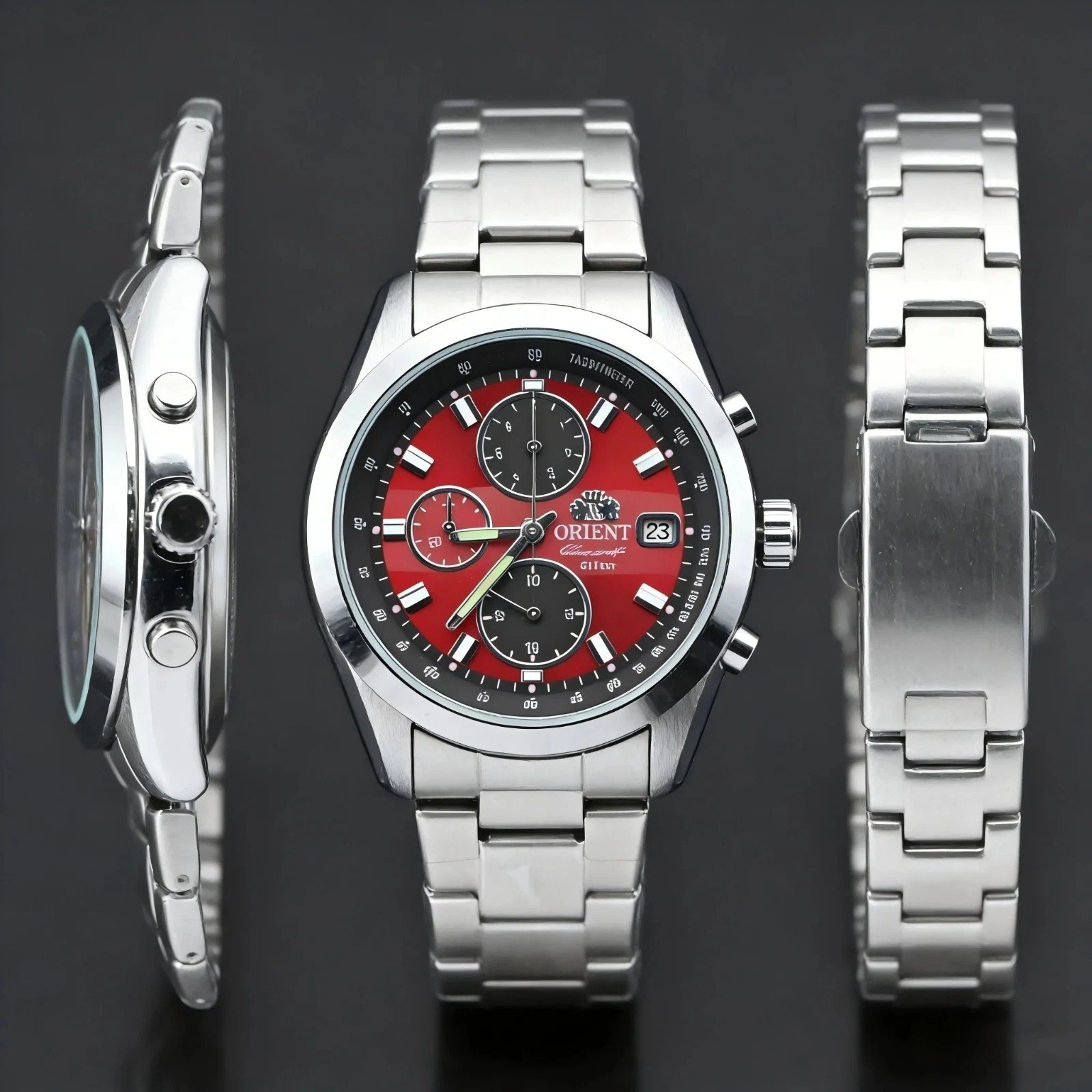 Orient Watch Men’s Quartz Chronograph Red Dial Stainless Steel Band Waterproof