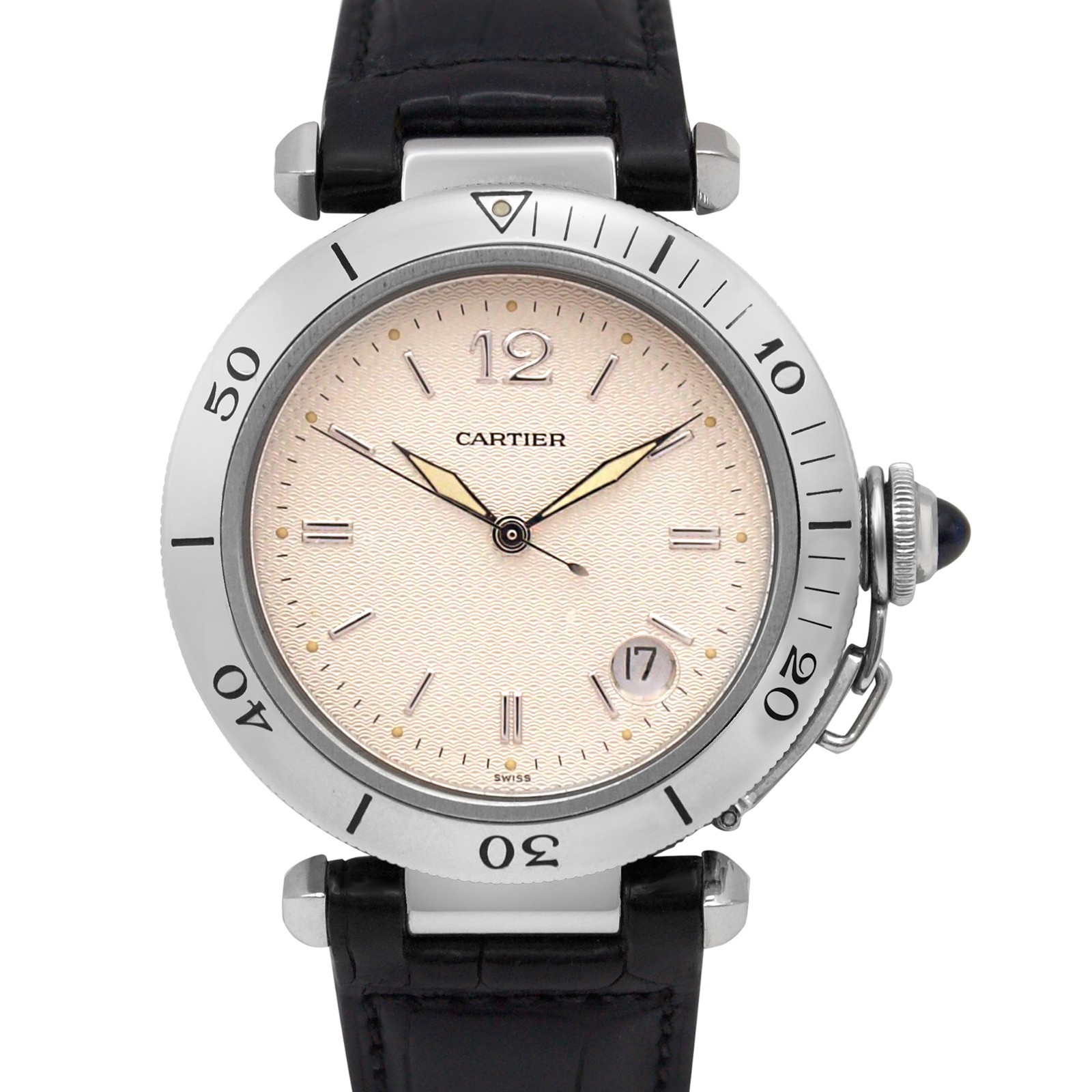 Cartier Pasha 1040 Auto 38m Ivory Dial Stick Date Black Leather Band Steel Watch
