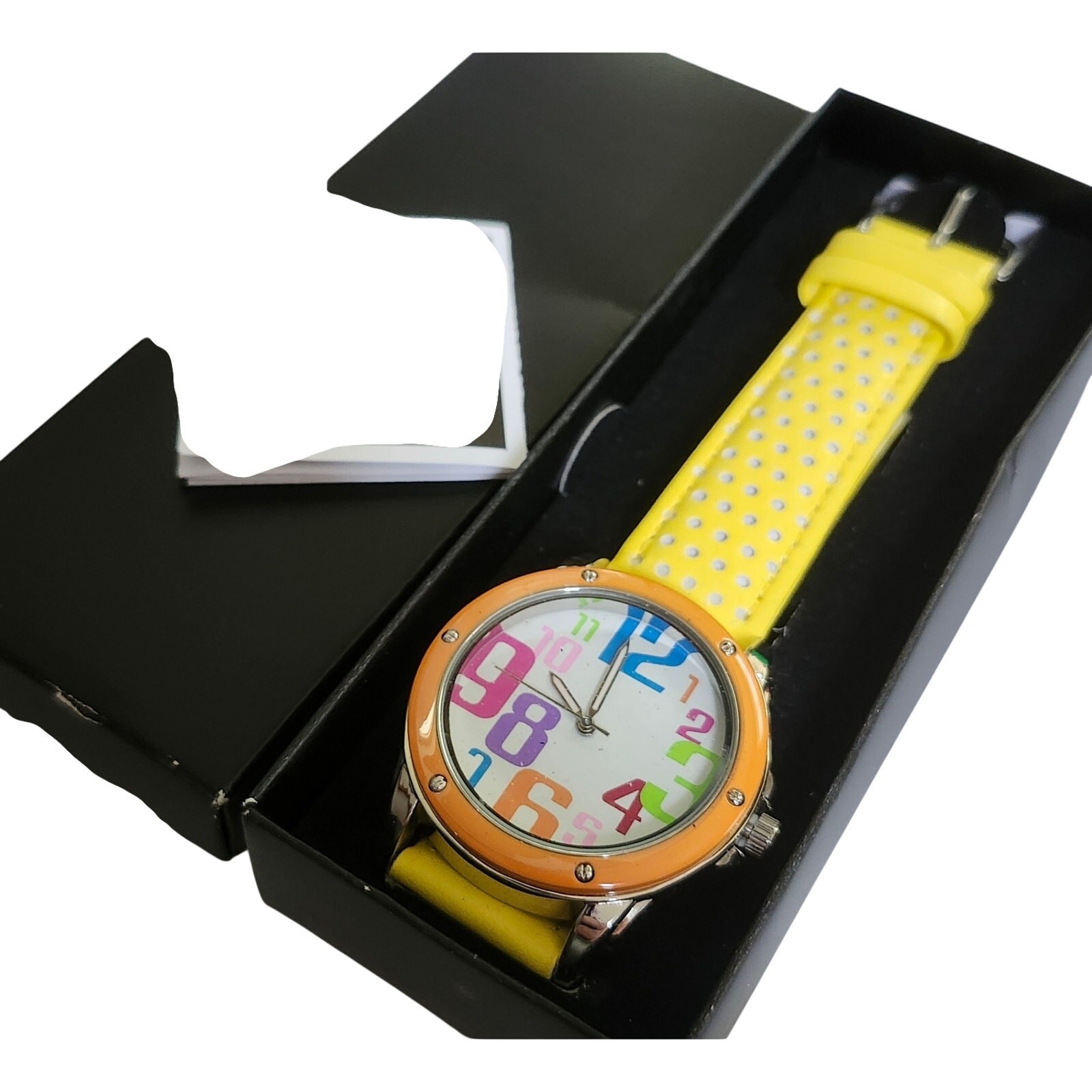 NIB Avon Colorful Rainbow Pop Art Number Dial Yellow Quartz Watch